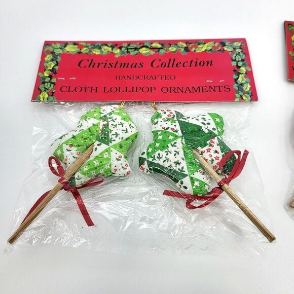 Vintage Fabric Plush Christmas Tree Ornaments Lollipop Style Patchwork Primitive - Picture 6 of 10